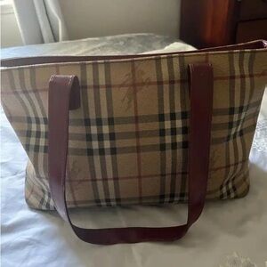 Burberry Beige Checkered Tote with Dark Brown Straps